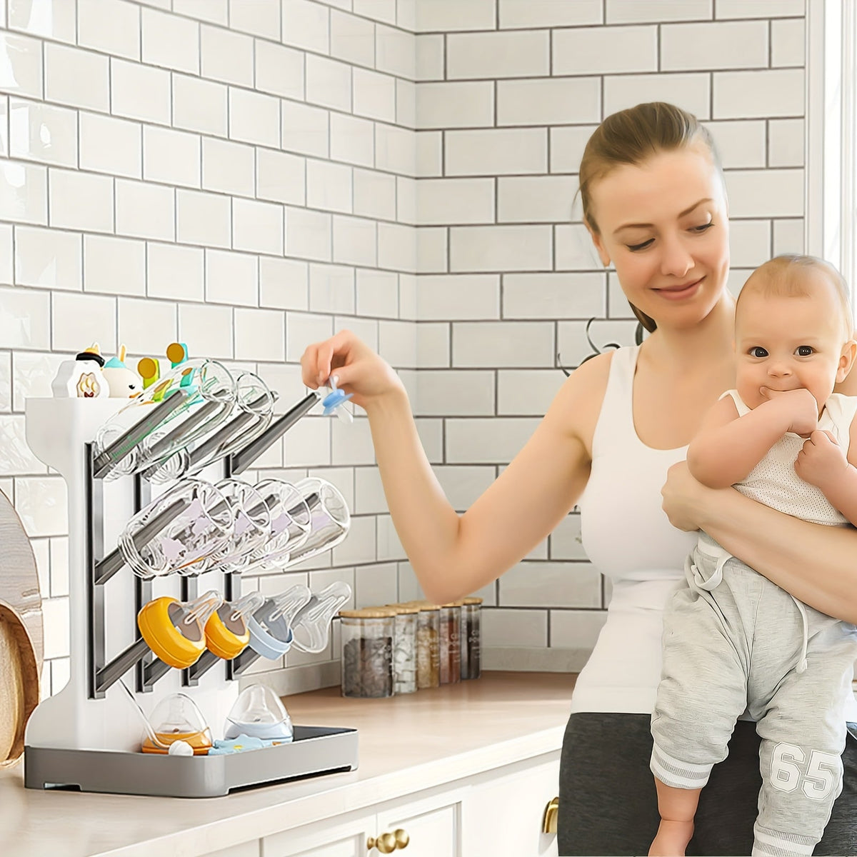 Baby Bottle Drying Rack, Vertical Angled Pegs and a Bottom Tray for Compact Kitchen Countertop Storage