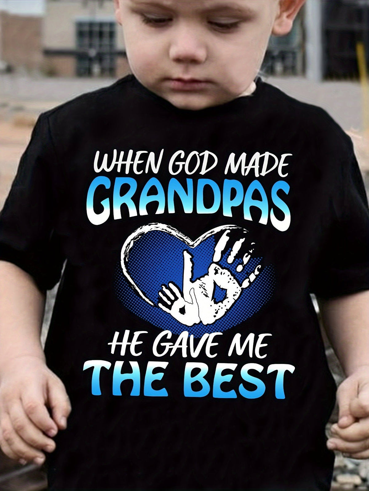 Boys' When God Made Grandpas T-Shirt in Black with Heart and Handprint Graphic for Special Family Outings