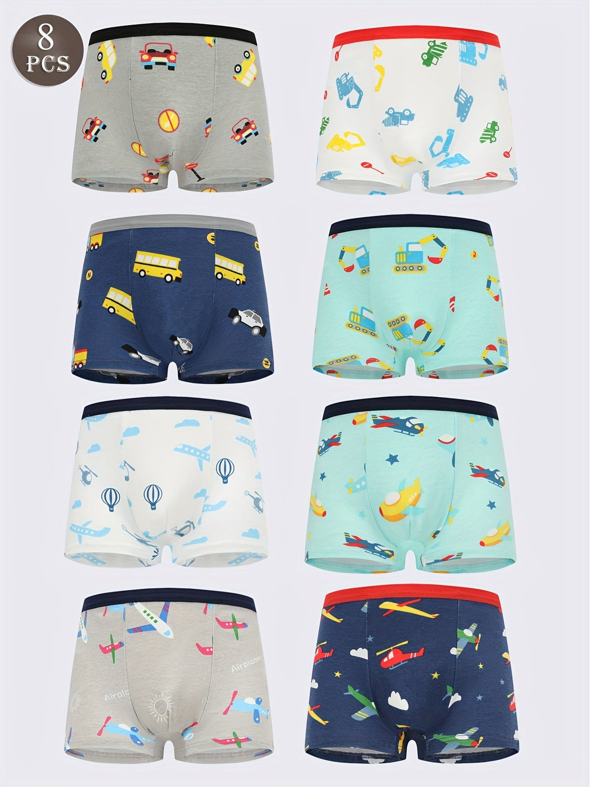 Boys' Cotton Boxer Briefs 8-Pack with Vehicle and Airplane Prints for Everyday Underwear Changes