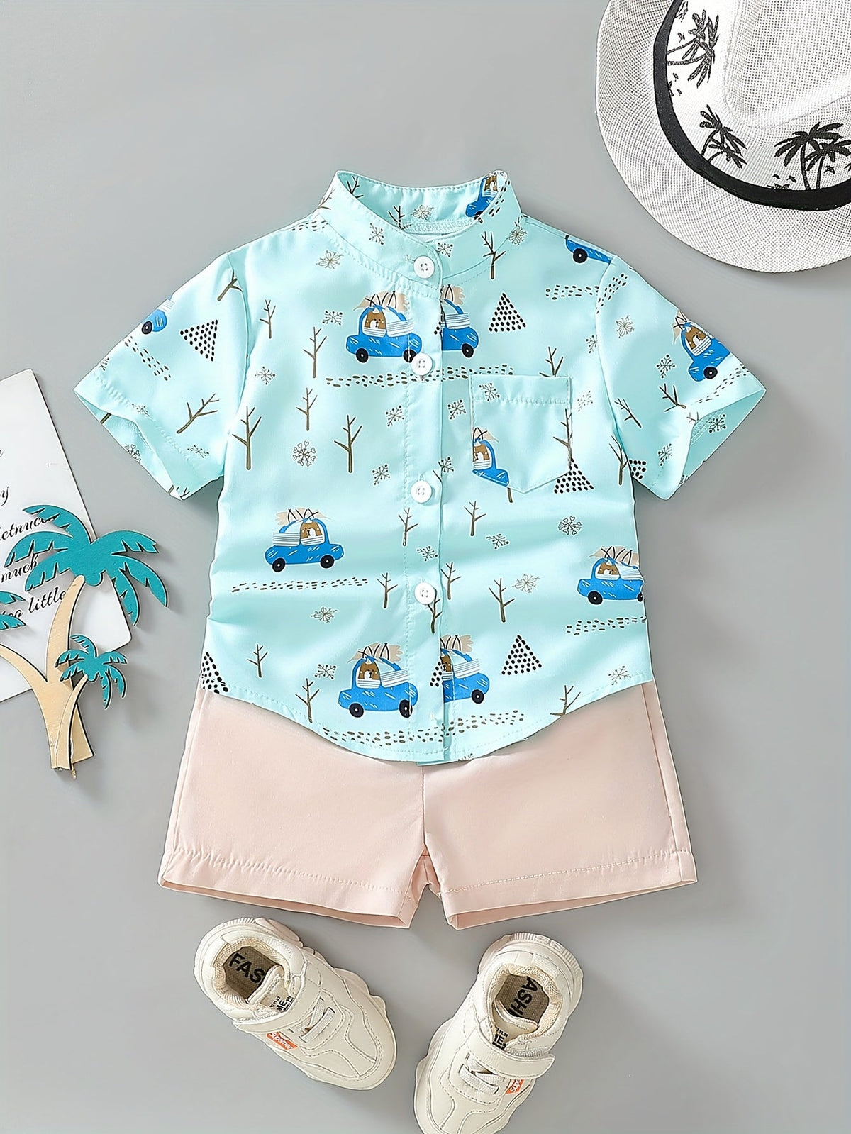 Boys' Car Print Shirt and Shorts Set with a Button Front and Elastic Waist for Summer Days and Beach Trips