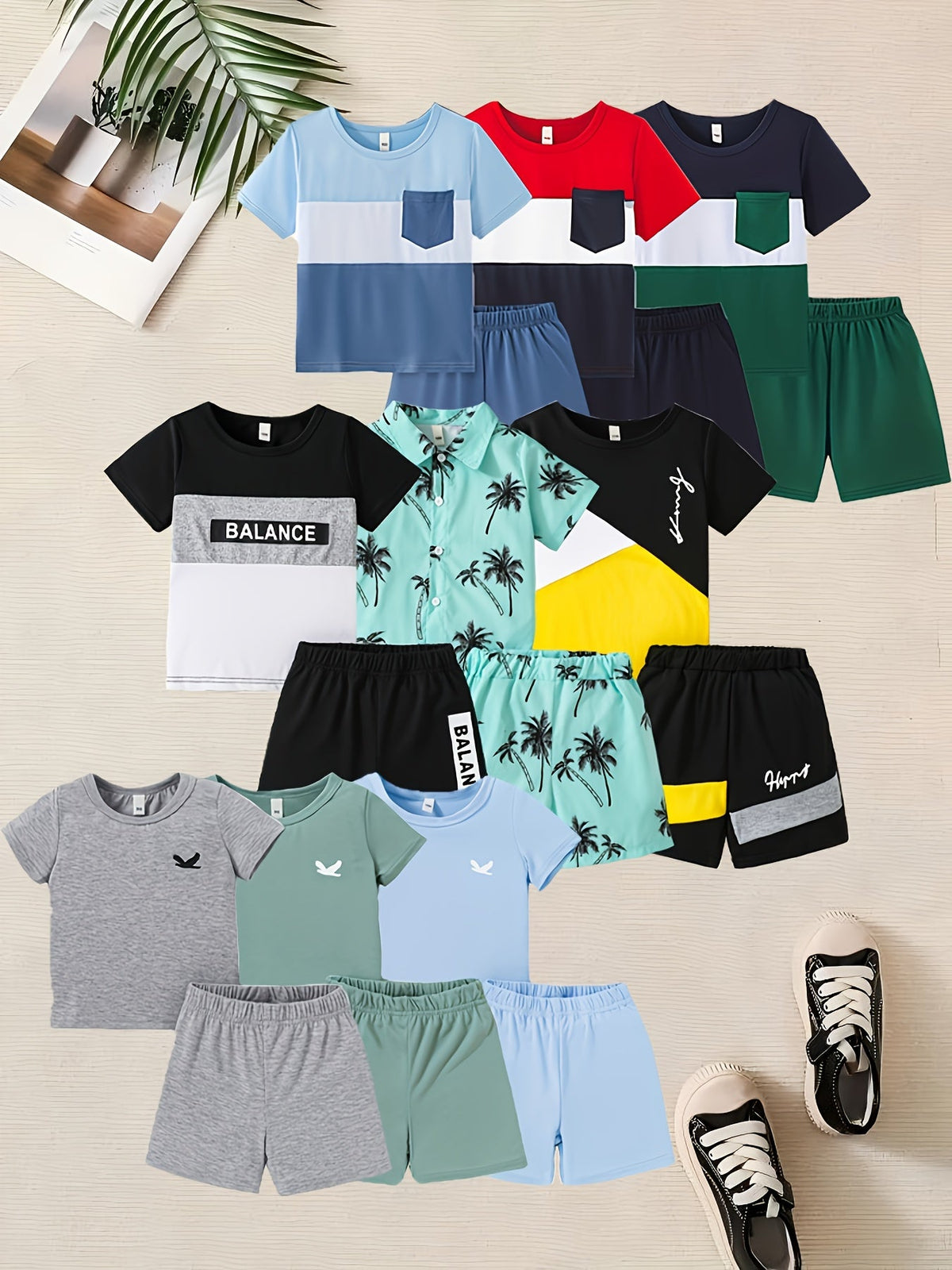 Boys' Twelve Piece Summer Outfit Pack with Six Randomly Assorted Shirts and Six Matching Shorts