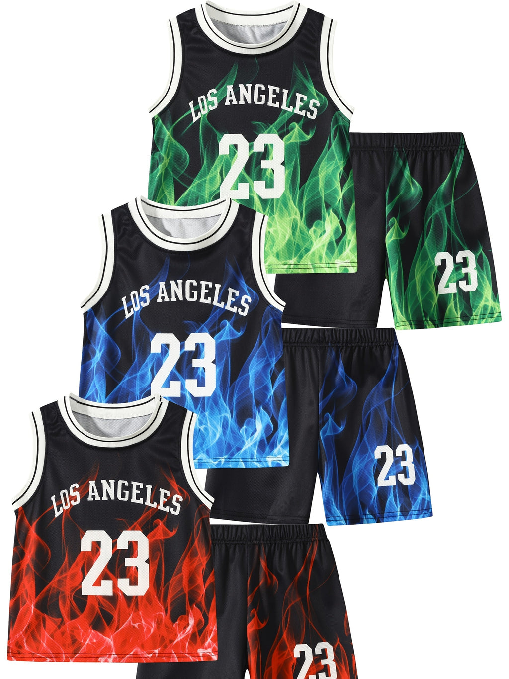 Boys' Flame Print Outfit Set with Three Number 23 Tank Tops and Matching Shorts for Summer Casual Wear