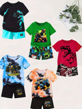 Boys' Dinosaur Shorts Sets in a Five-Outfit Pack with Vehicle Graphics and Short Sleeve Tees for Summer Play