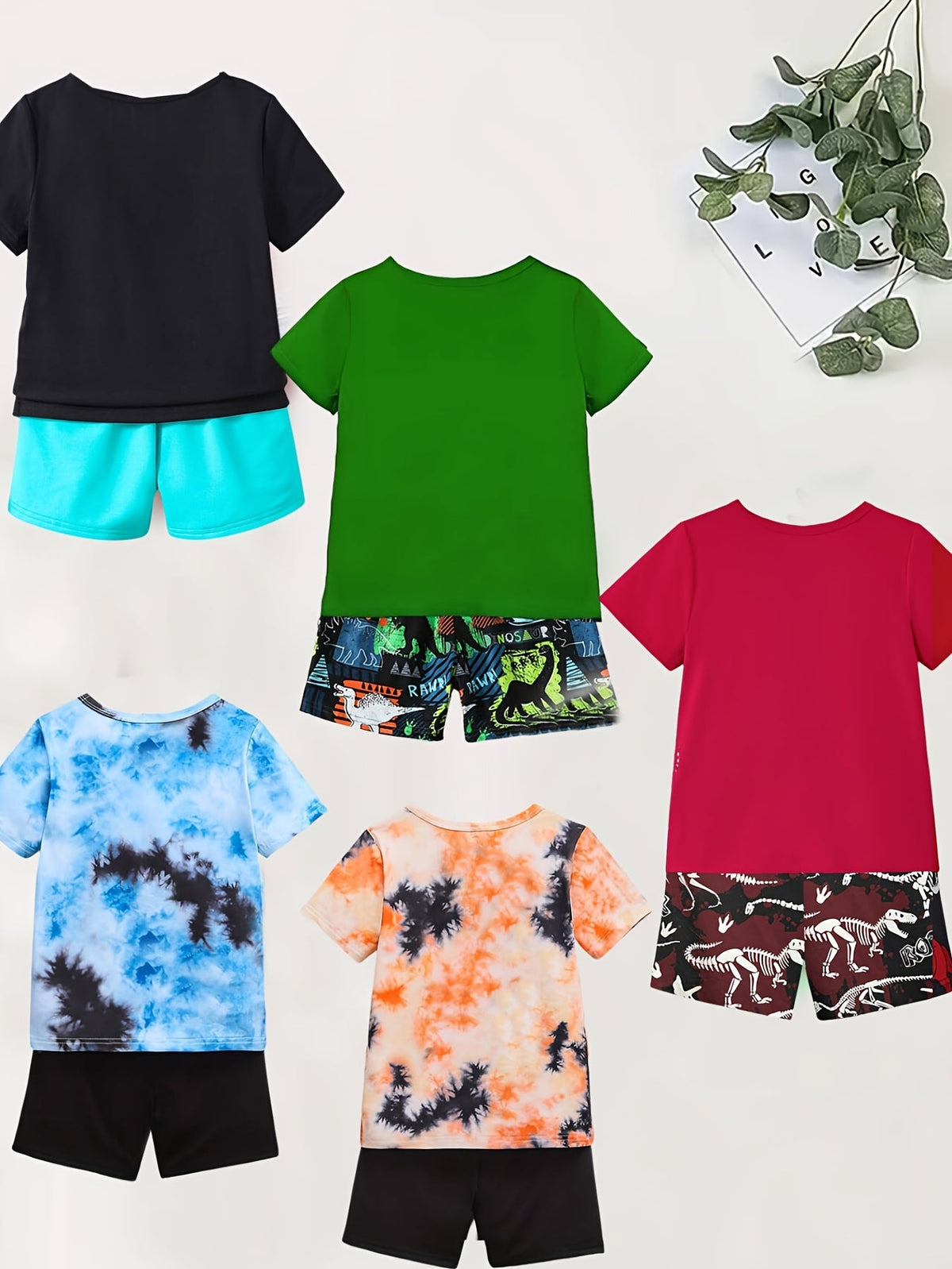 Boys' Dinosaur Shorts Sets in a Five-Outfit Pack with Vehicle Graphics and Short Sleeve Tees for Summer Play