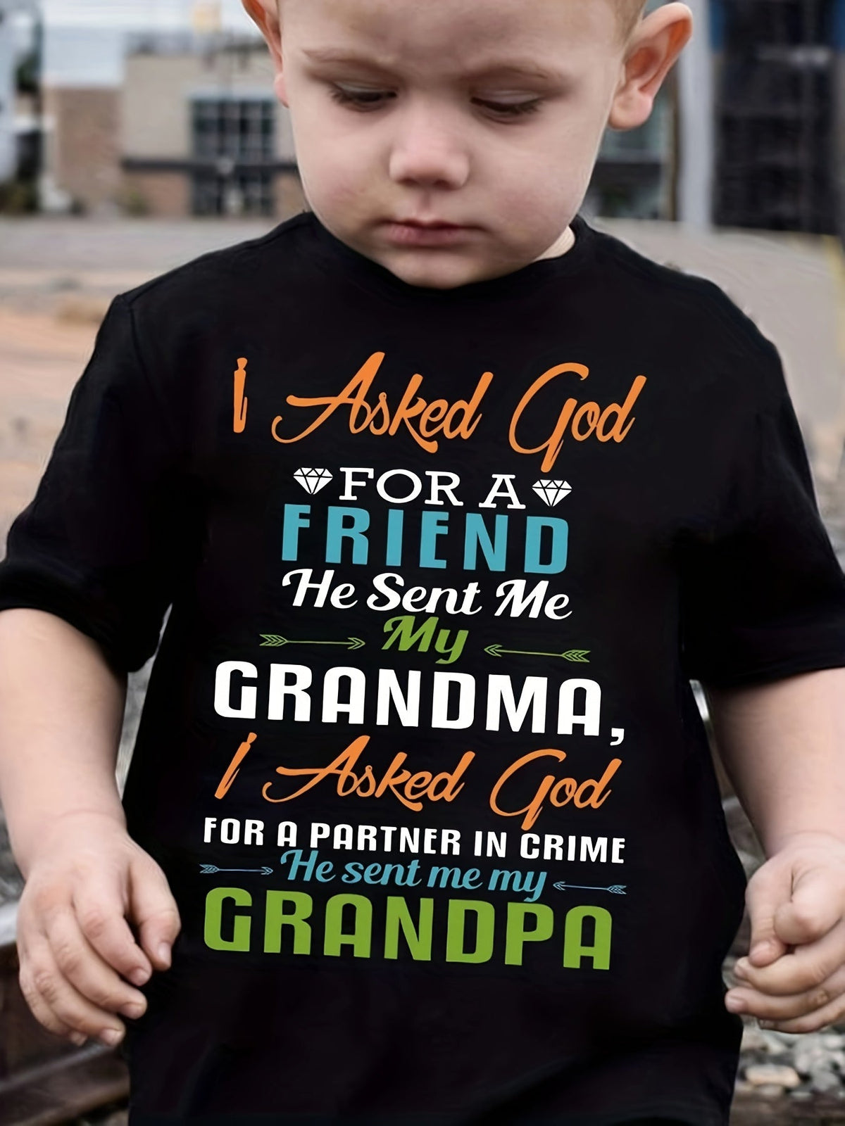 Boys' I Asked God T-Shirt in Black with Grandma and Grandpa Lettering for Casual Family Outings
