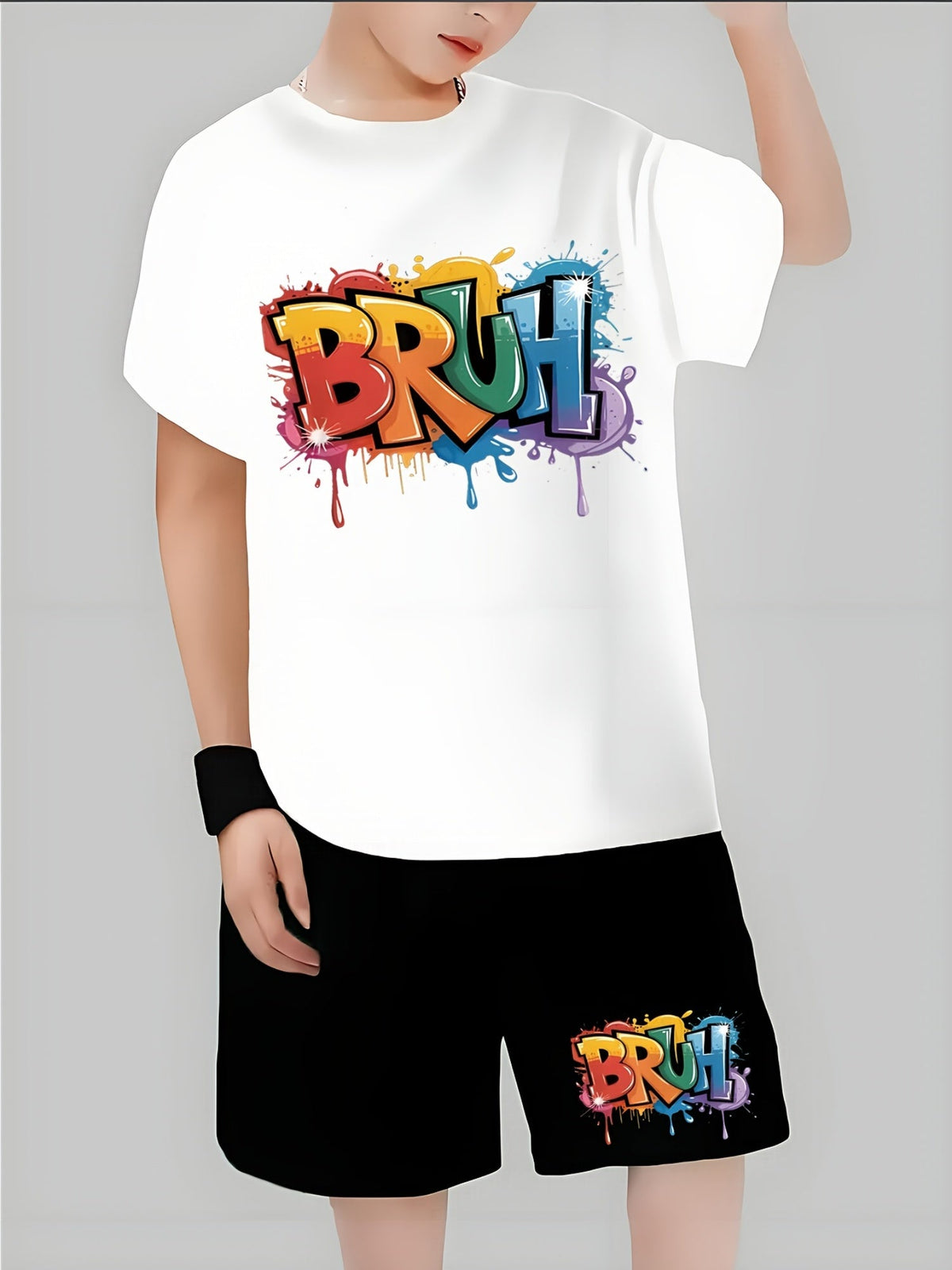 Boys' Black T-Shirt and Shorts Set with Colorful BRUH Graffiti Lettering for Casual Summer Outfits