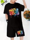 Boys' Black T-Shirt and Shorts Set with Colorful BRUH Graffiti Lettering for Casual Summer Outfits