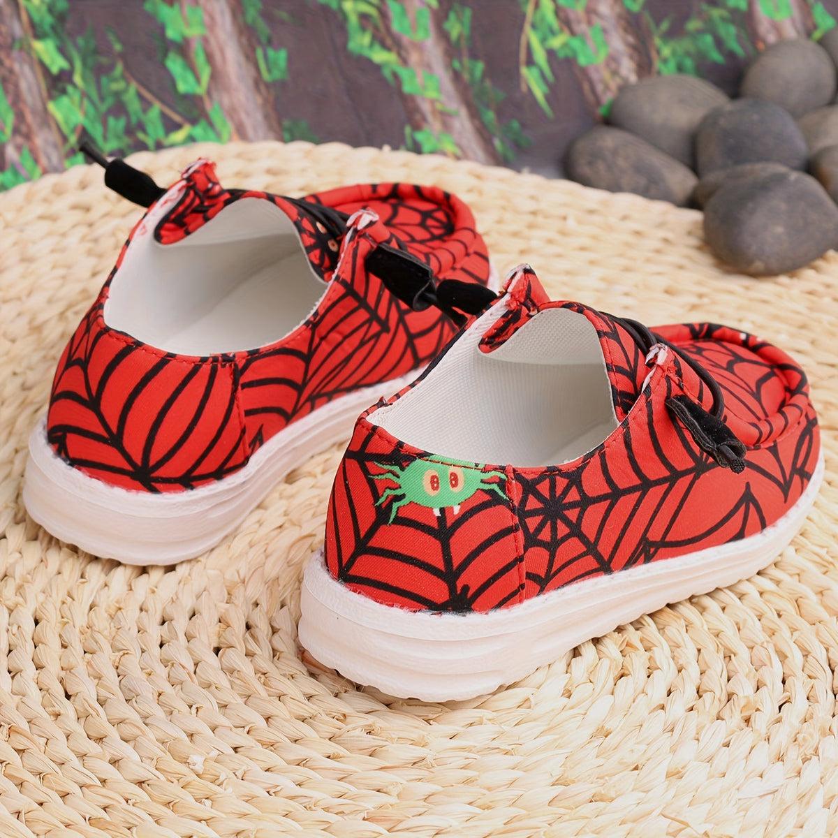 Boys' Red Printed Sneakers with Black Spiderweb Graphics and Knotted Cord Fronts for Casual Outfits