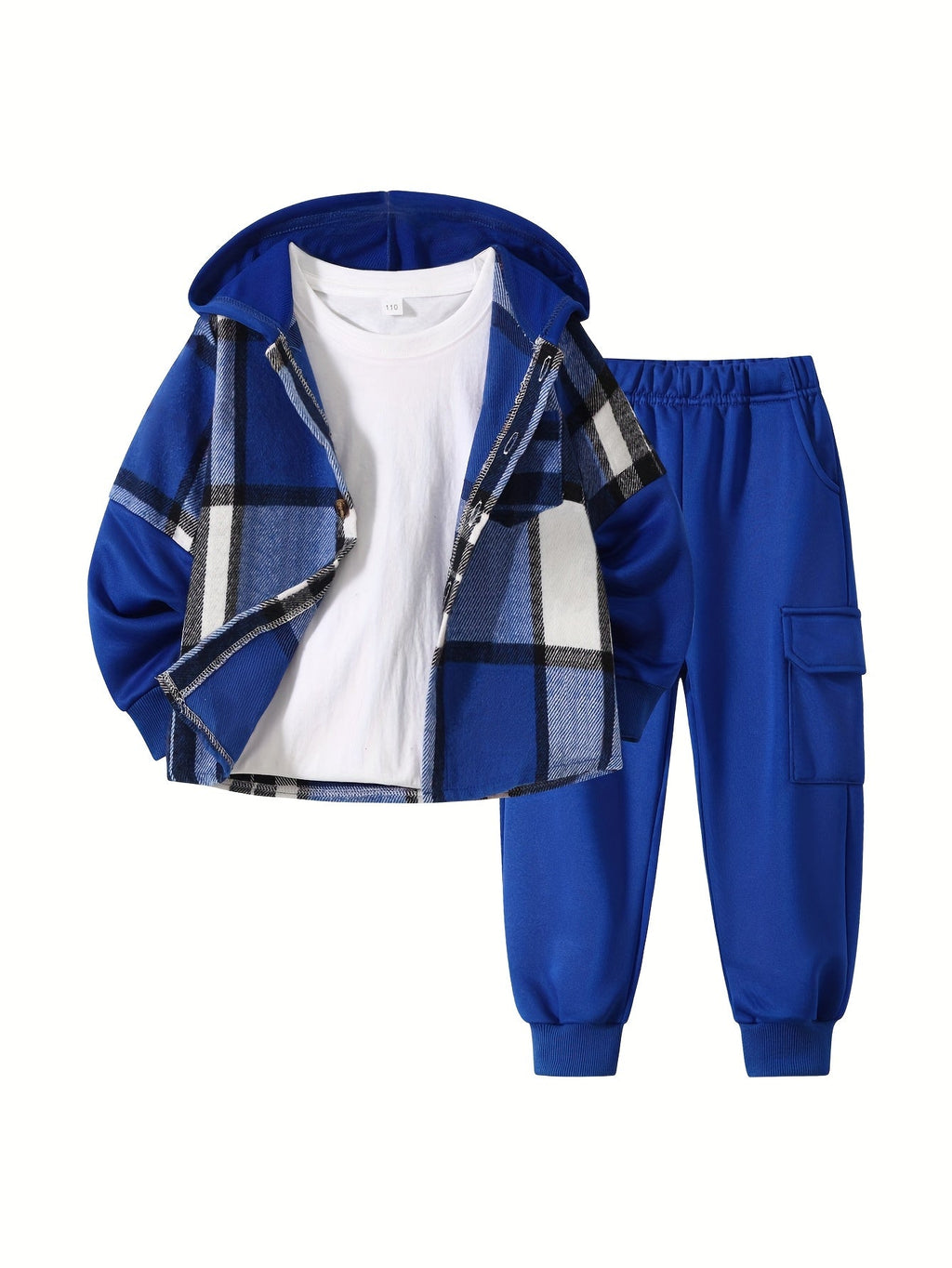 Boys' Plaid Hooded Outfit Set with a Color Block Jacket and Cargo Jogger Pants for Cool Weather Wear