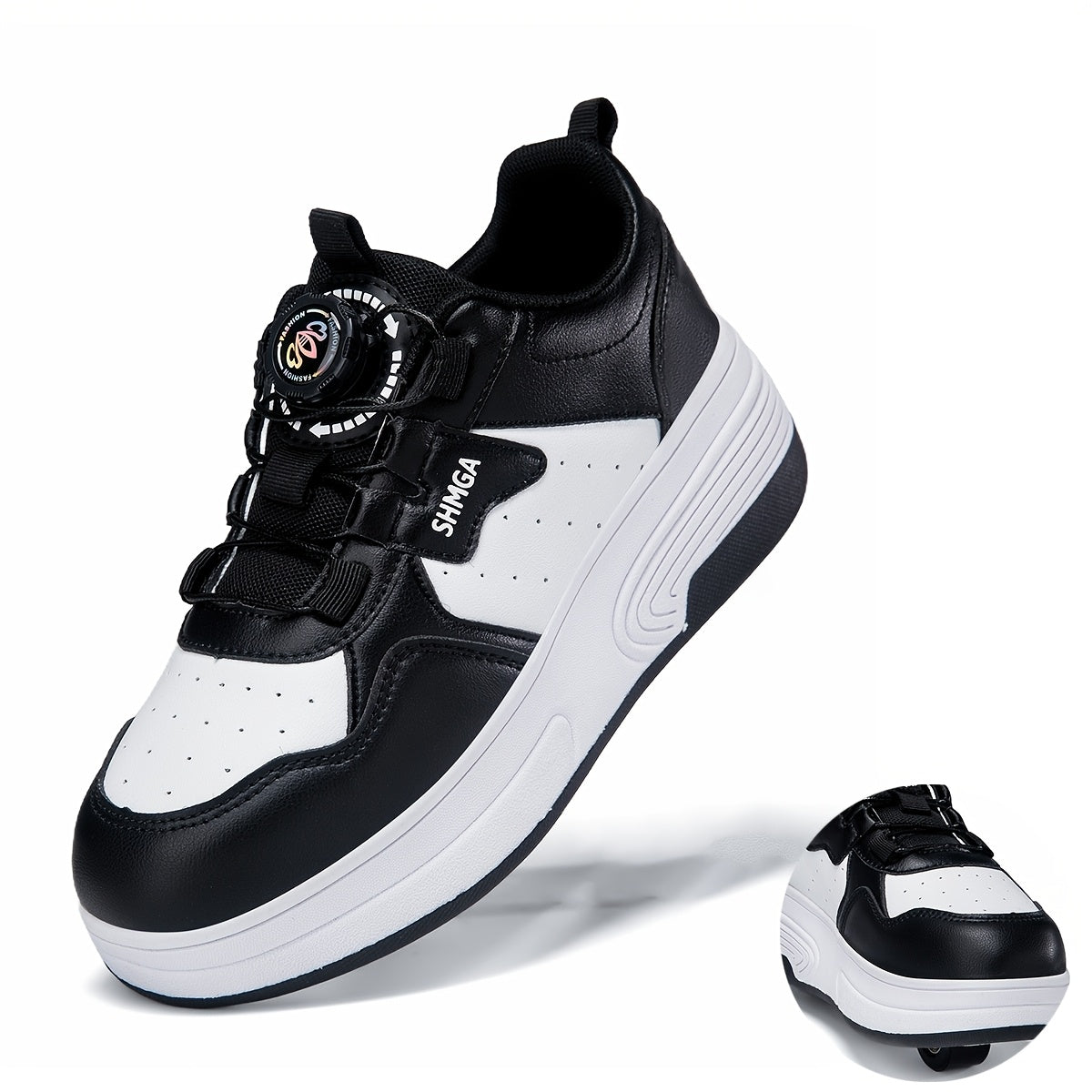 Boys Roller Shoes with Removable Wheels and Dial Fastenings in Black-and-White Two- or Four-Wheel Styles