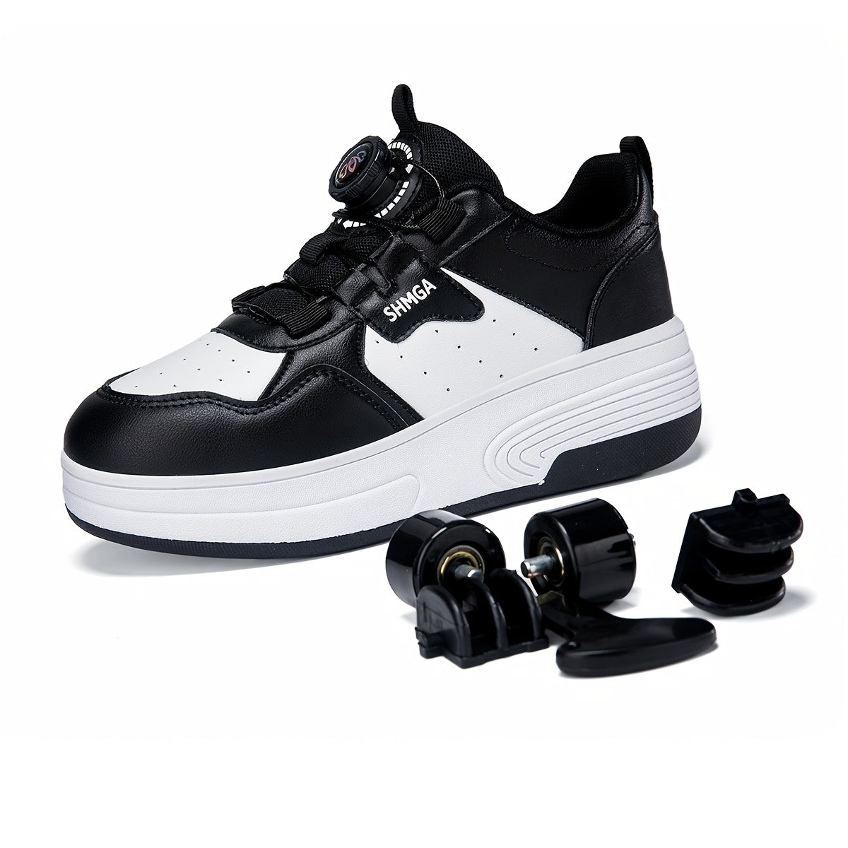 Boys Roller Shoes with Removable Wheels and Dial Fastenings in Black-and-White Two- or Four-Wheel Styles