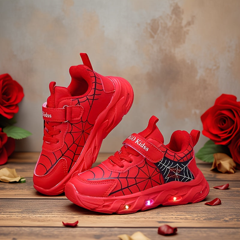 Boys' Light-Up Sneakers with Spiderweb Graphics and an Instep Strap in Red, Black or Blue for Playtime