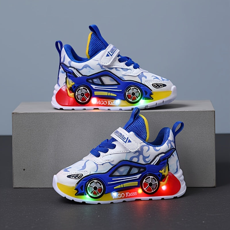 Kids Sneakers with Light-Up Car-Shaped Side Details and Front Straps in Red or Blue for Everyday Play