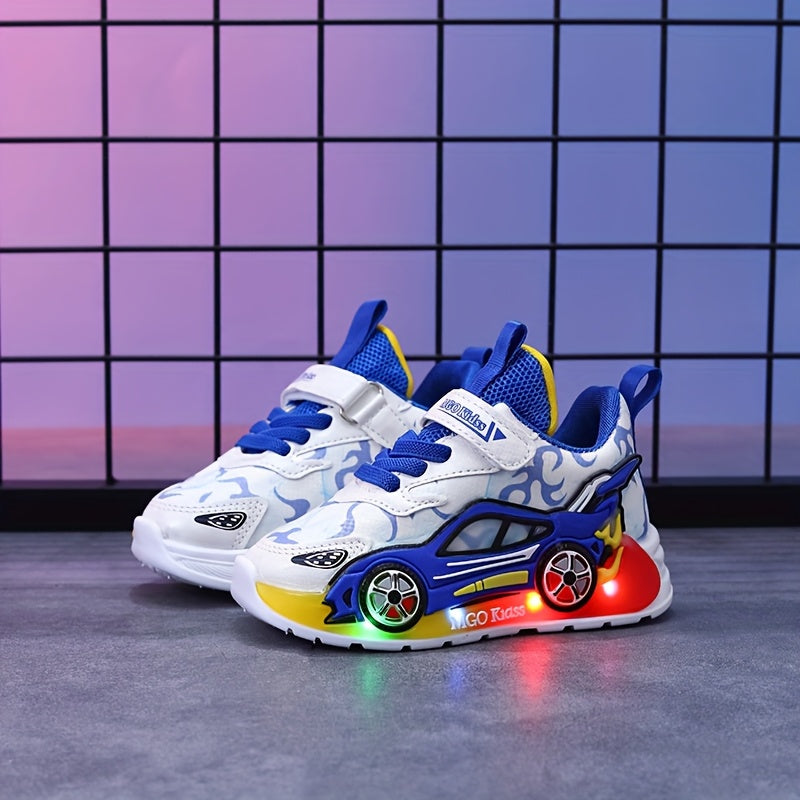 Kids Sneakers with Light-Up Car-Shaped Side Details and Front Straps in Red or Blue for Everyday Play