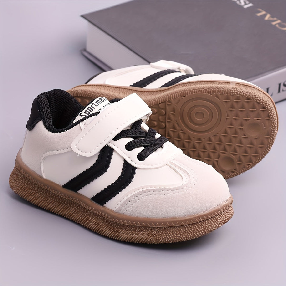 Toddler Striped Sneakers with Hook-and-Loop Top Straps and Tan Soles for Everyday Casual Outfits