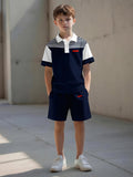 Boys' Striped Polo Outfit Set with a Navy and White Short Sleeve Shirt and Matching Shorts for Summer