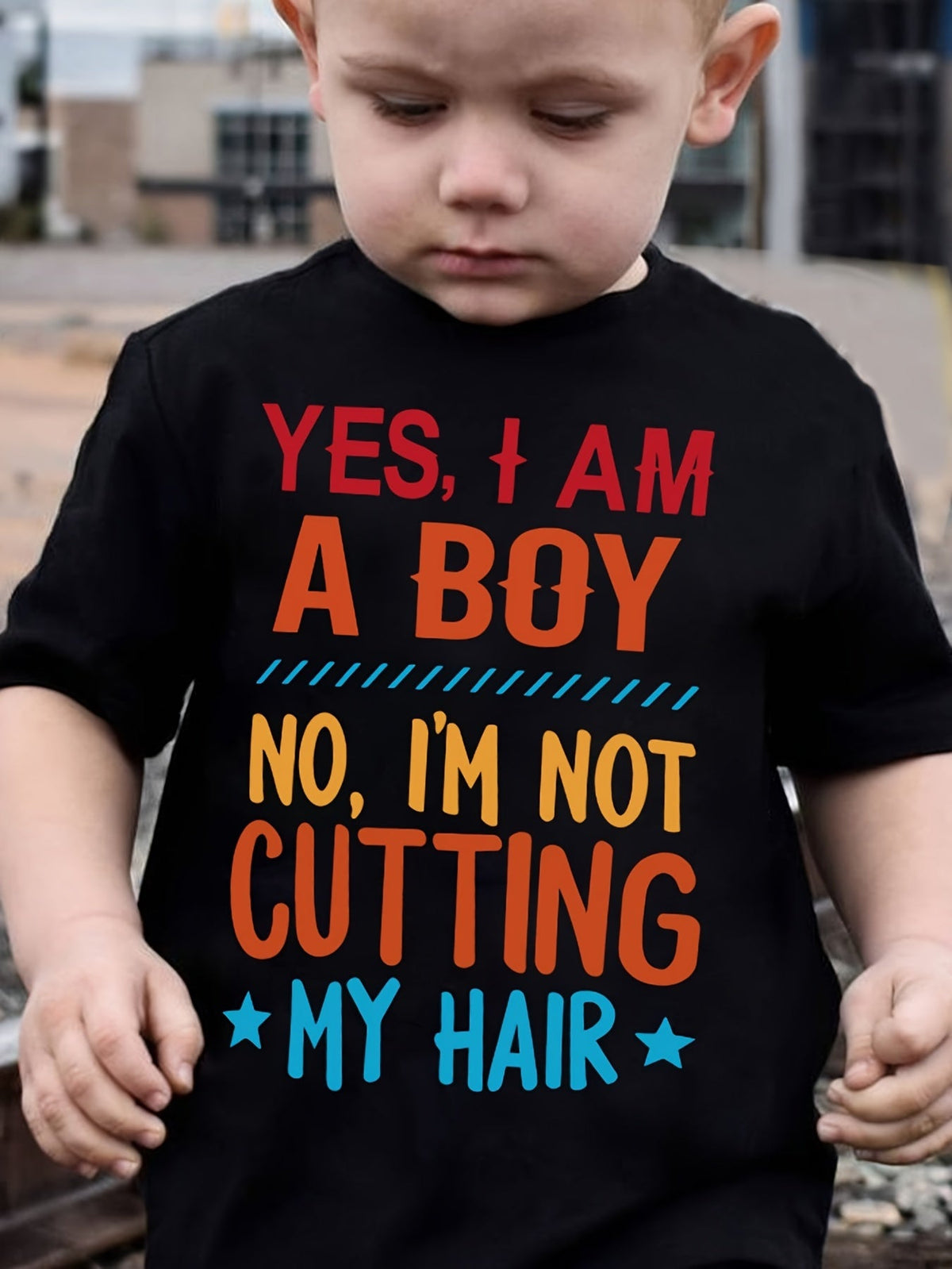 Boys' Yes I Am a Boy Graphic T-Shirt in Black with Colorful Lettering and Short Sleeves for Everyday Wear