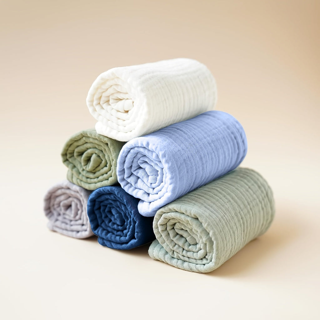 Muslin Baby Burp Cloths 6-Pack with a Layered Texture and Rectangular Shape for Everyday Feeding and Burping