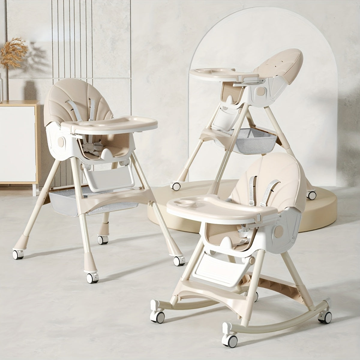 Convertible Baby High Chair for Dining and Rocking with a Folding Frame and Adjustable Reclining Backrest