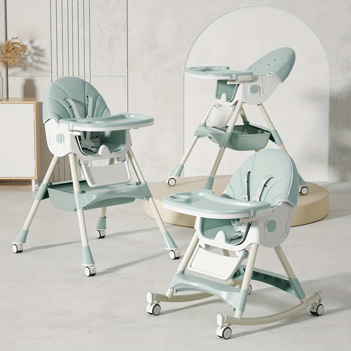 Convertible Baby High Chair for Dining and Rocking with a Folding Frame and Adjustable Reclining Backrest