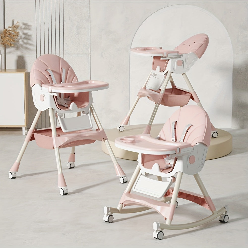 Convertible Baby High Chair for Dining and Rocking with a Folding Frame and Adjustable Reclining Backrest