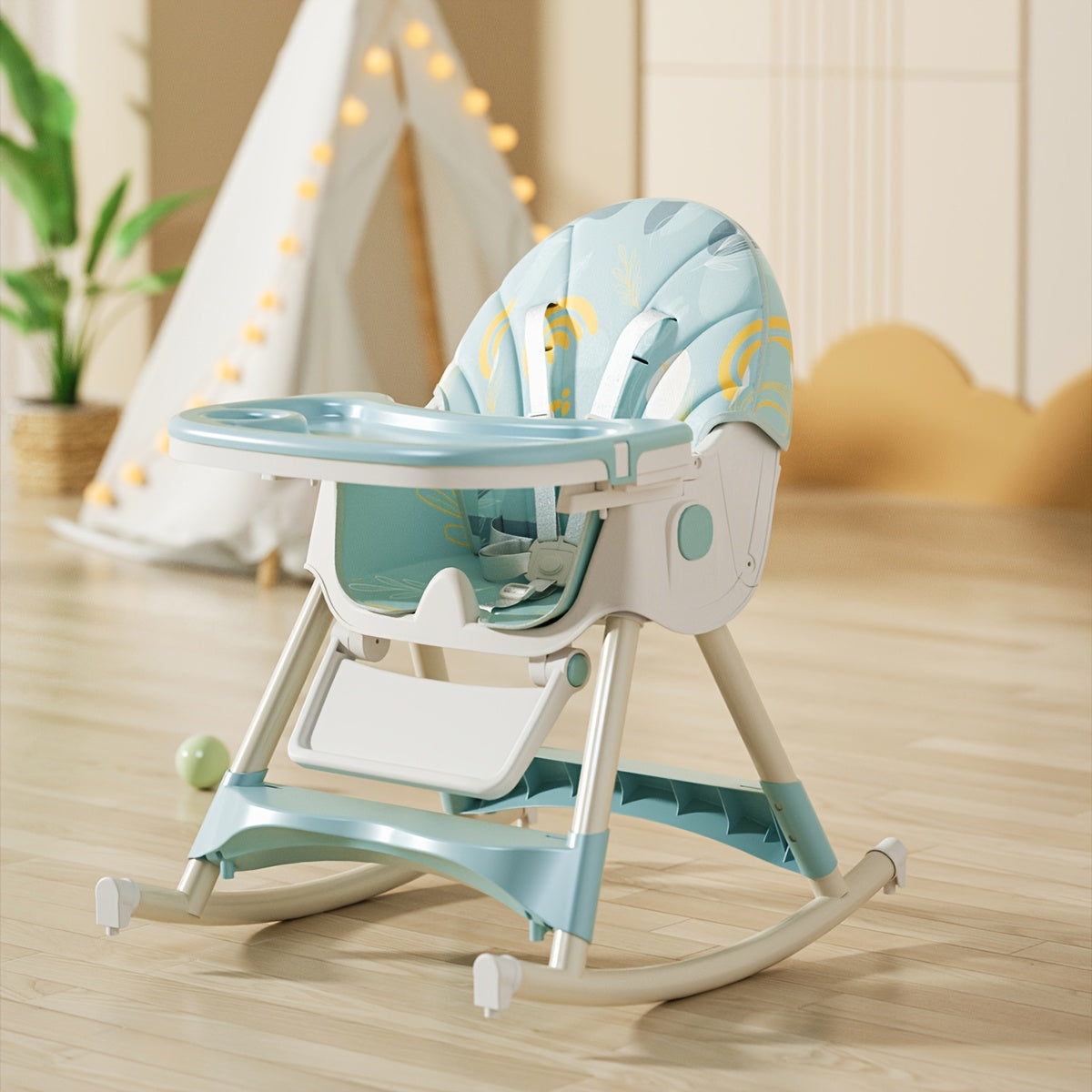 Convertible Baby High Chair for Dining and Rocking with a Folding Frame and Adjustable Reclining Backrest