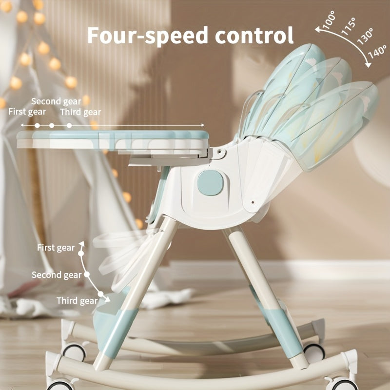 Convertible Baby High Chair for Dining and Rocking with a Folding Frame and Adjustable Reclining Backrest