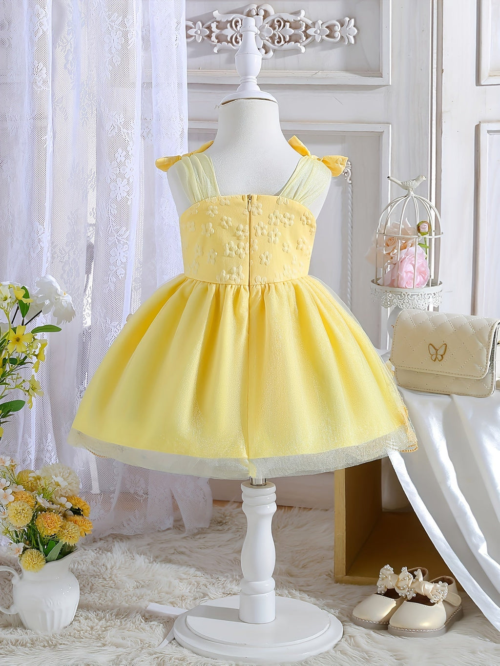 Girls' Sleeveless Party Dress with Shoulder Bows and Floral Mesh Skirt for Weddings and Celebrations