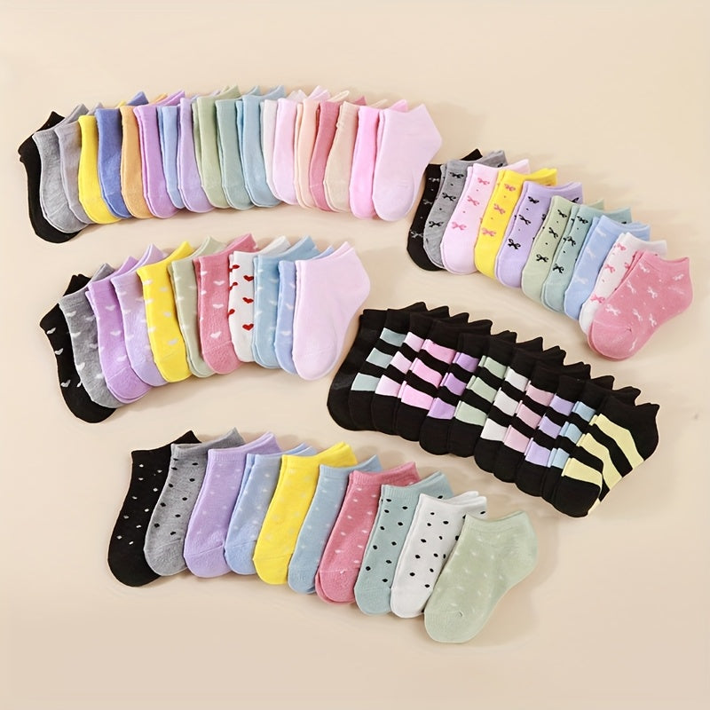 Girls' Assorted Ankle Socks with Hearts and Stripes in Mixed Color Multipacks for School and Play