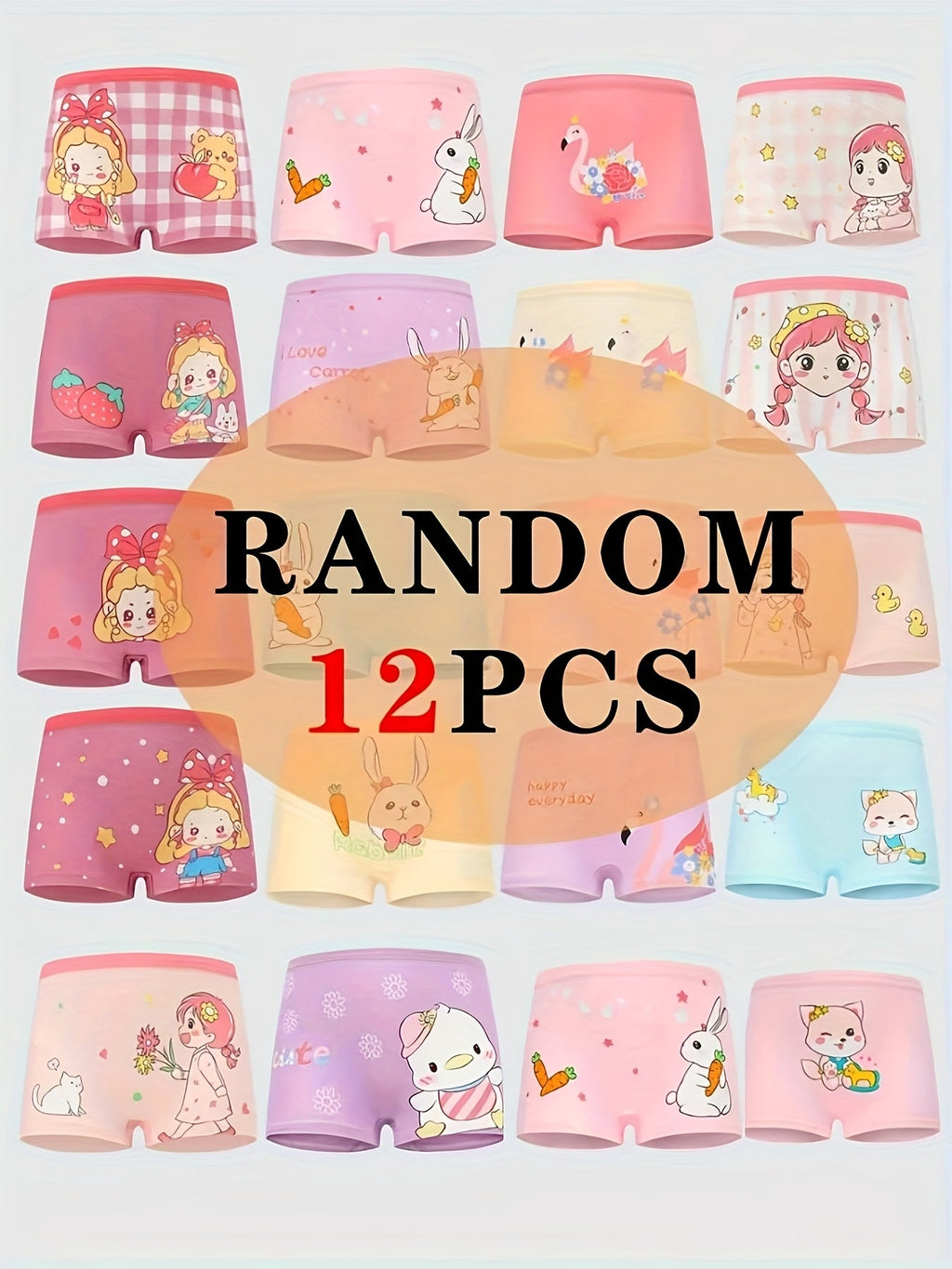 Girls' Cartoon Boxer Briefs Twelve Pack in Random Mixed Colors with Girl and Animal Prints for Daily Changes