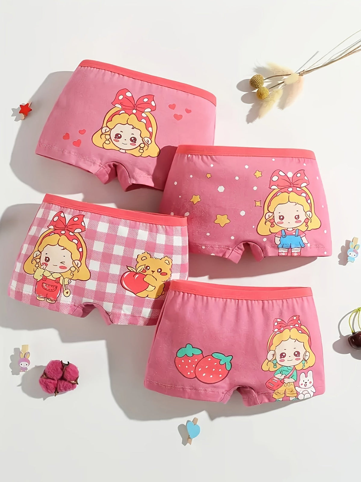 Girls' Cartoon Boxer Briefs Twelve Pack in Random Mixed Colors with Girl and Animal Prints for Daily Changes