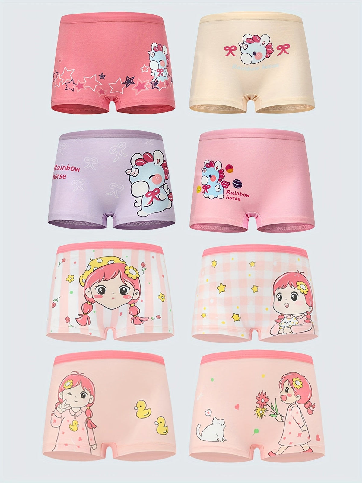 Girls' Cotton Boxer Briefs Eight Pack in Pink and Pastel Shades with Cartoon Girl and Animal Prints