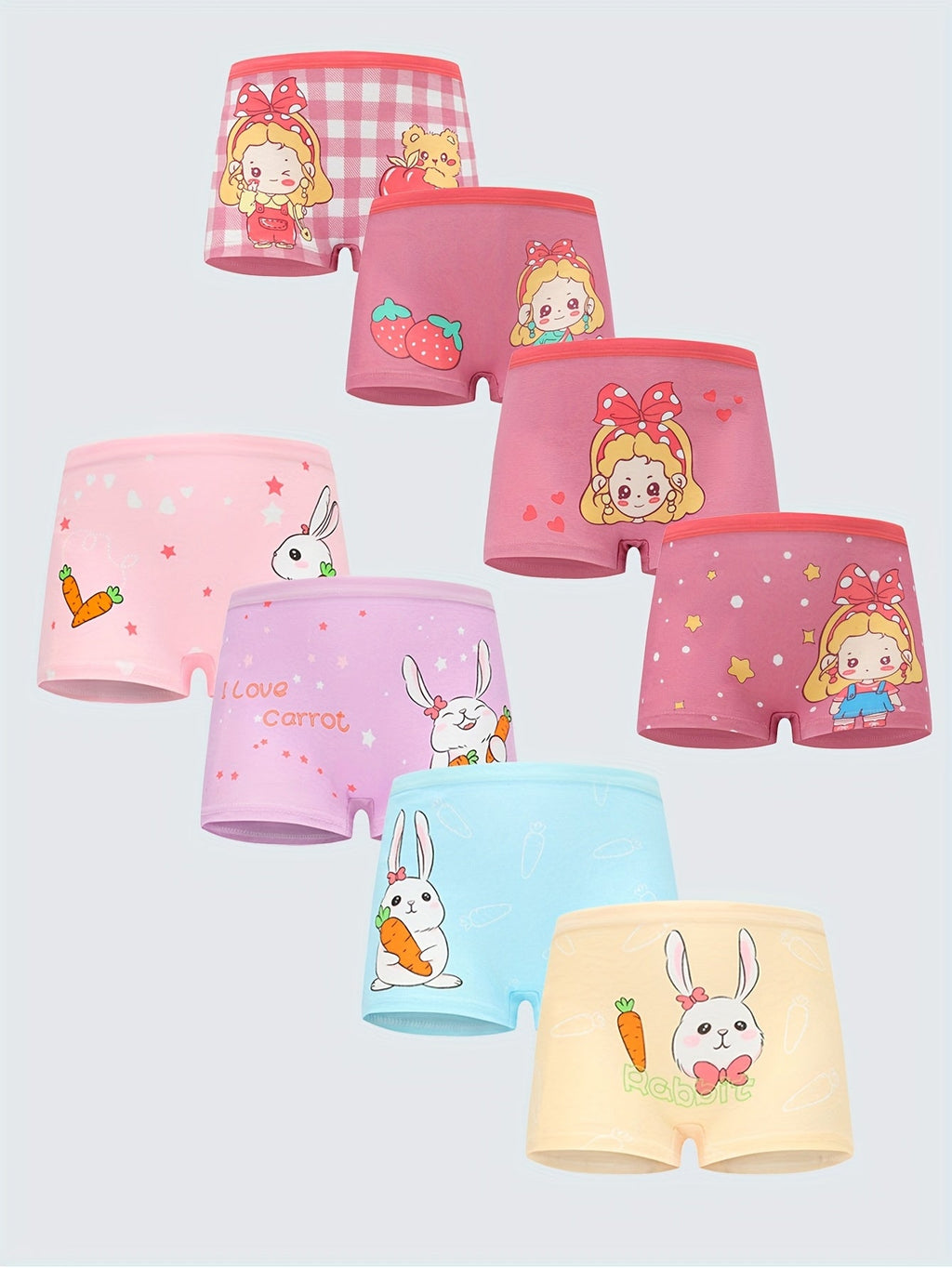 Girls' Cotton Boxer Briefs 8-Pack with Rabbit and Cartoon Girl Prints for Everyday Underwear Changes