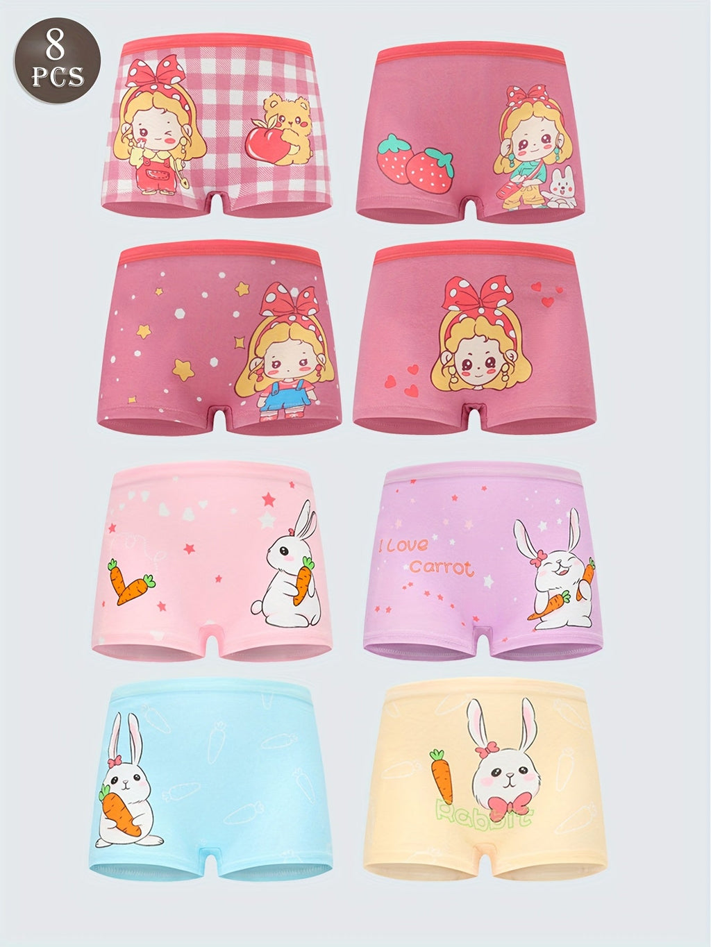 Girls' Cotton Boxer Briefs 8-Pack with Rabbit and Cartoon Girl Prints for Everyday Underwear Changes