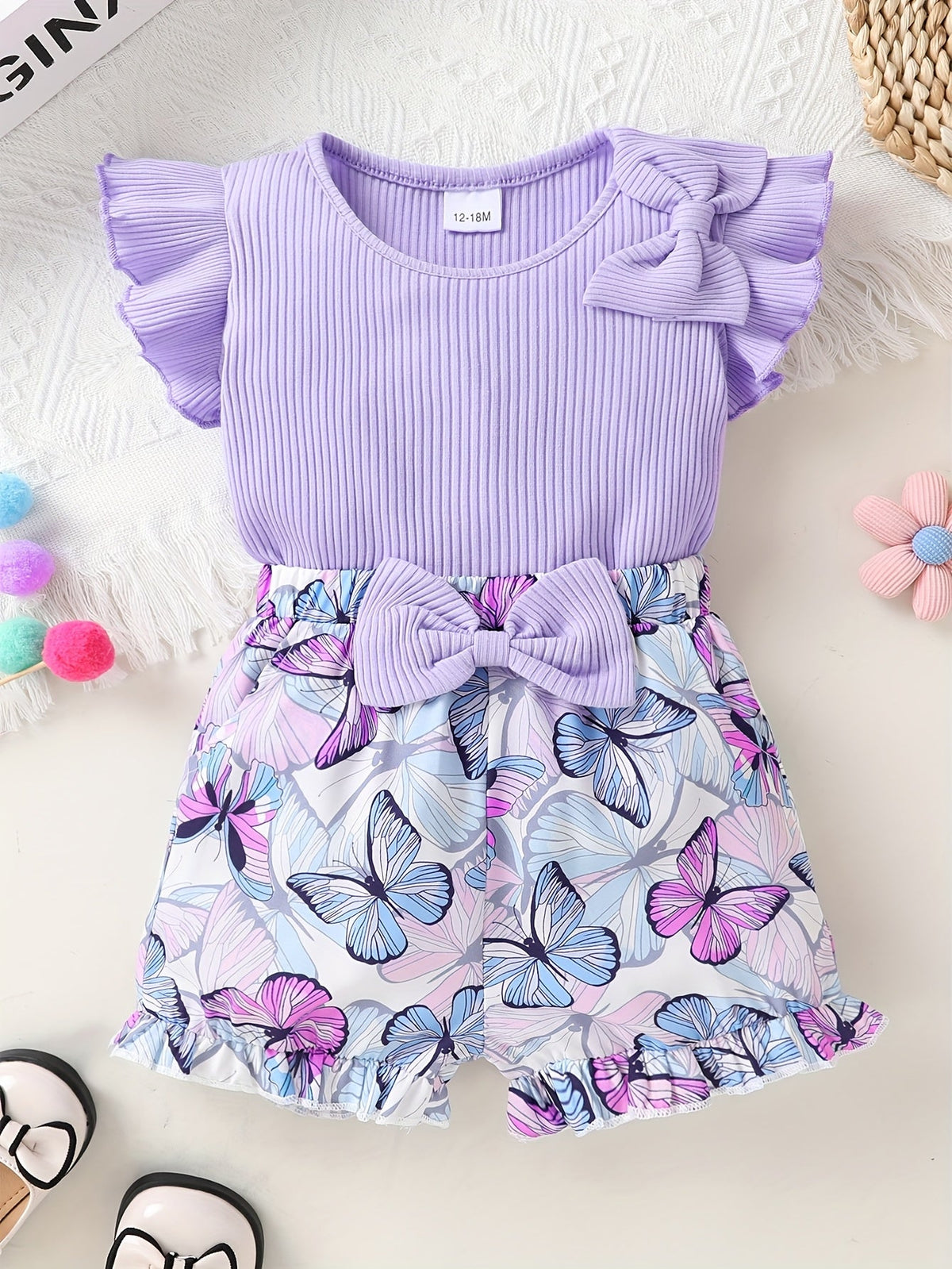 Girls' Purple Ruffle Sleeve Top and Butterfly Print Shorts Set with Matching Bow Details for Summer