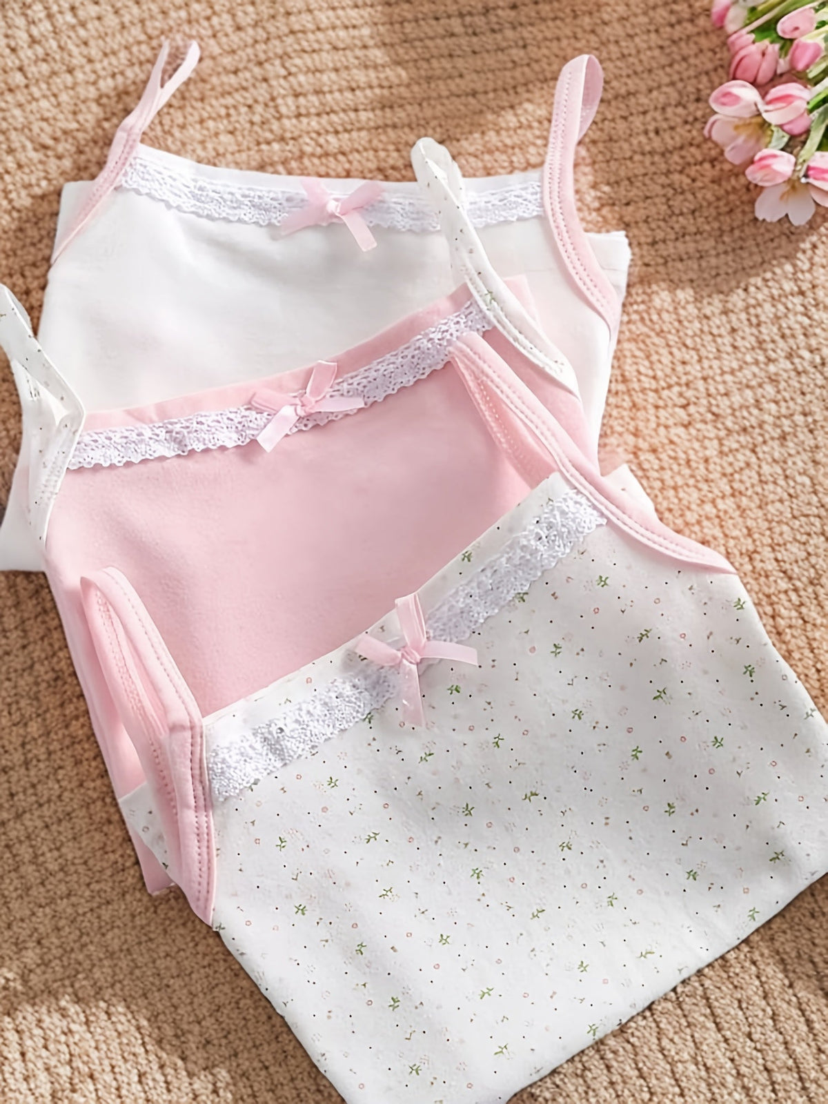 Girls Cotton Blend Camisoles Three-Pack with Lace Trim and Bow Details for Everyday Clothing Layers