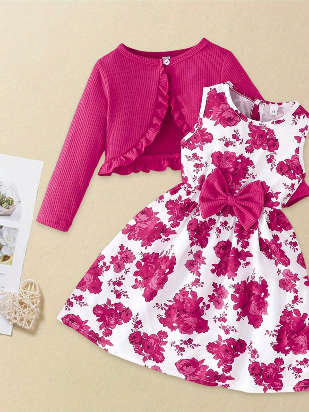 Girls' Rose Red Floral Dress and Cardigan Set with a Bow Waist and Ruffle Trim for Coordinated Outfits