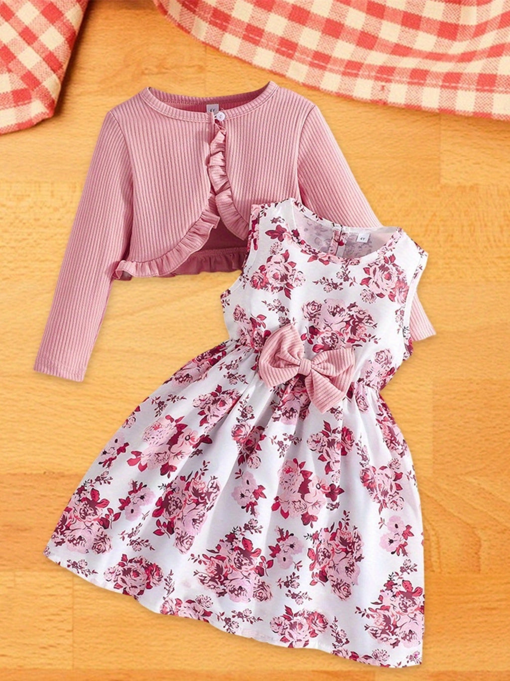 Girls' Rose Red Floral Dress and Cardigan Set with a Bow Waist and Ruffle Trim for Coordinated Outfits