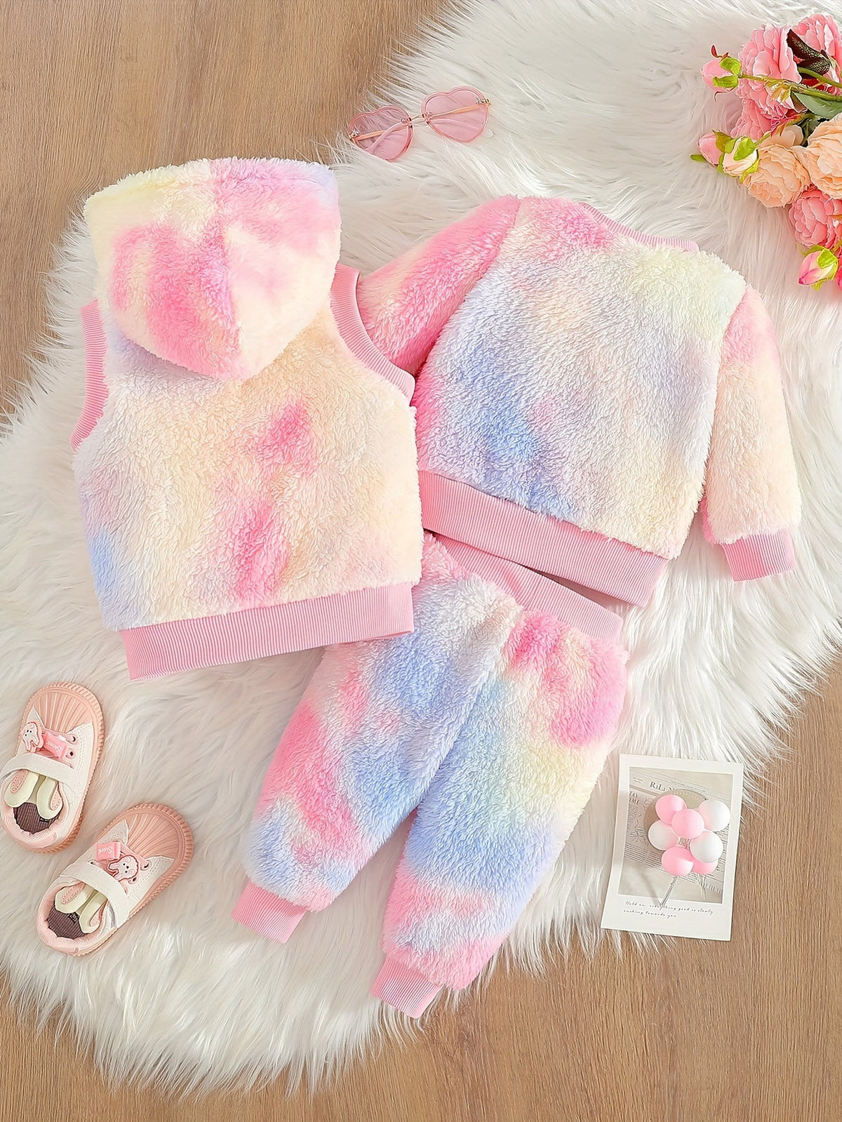 Baby Girl 3 Piece Bee Outfit Set in Plush Pastel Tie Dye with a Hooded Vest for Cooler Weather Layers