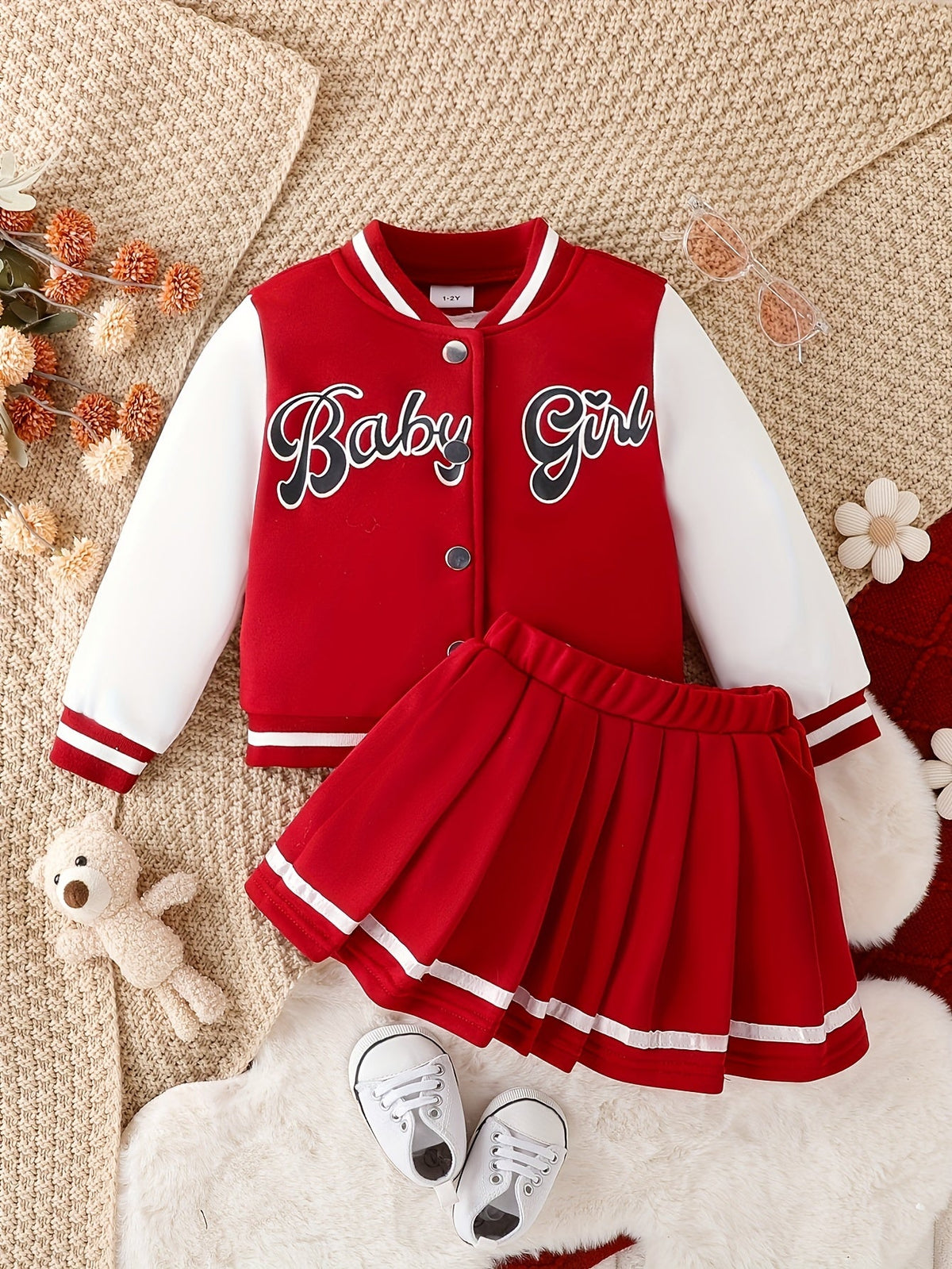 Girls' Red and White Varsity Jacket and Pleated Skirt Set with Baby Girl Lettering and Striped Trim