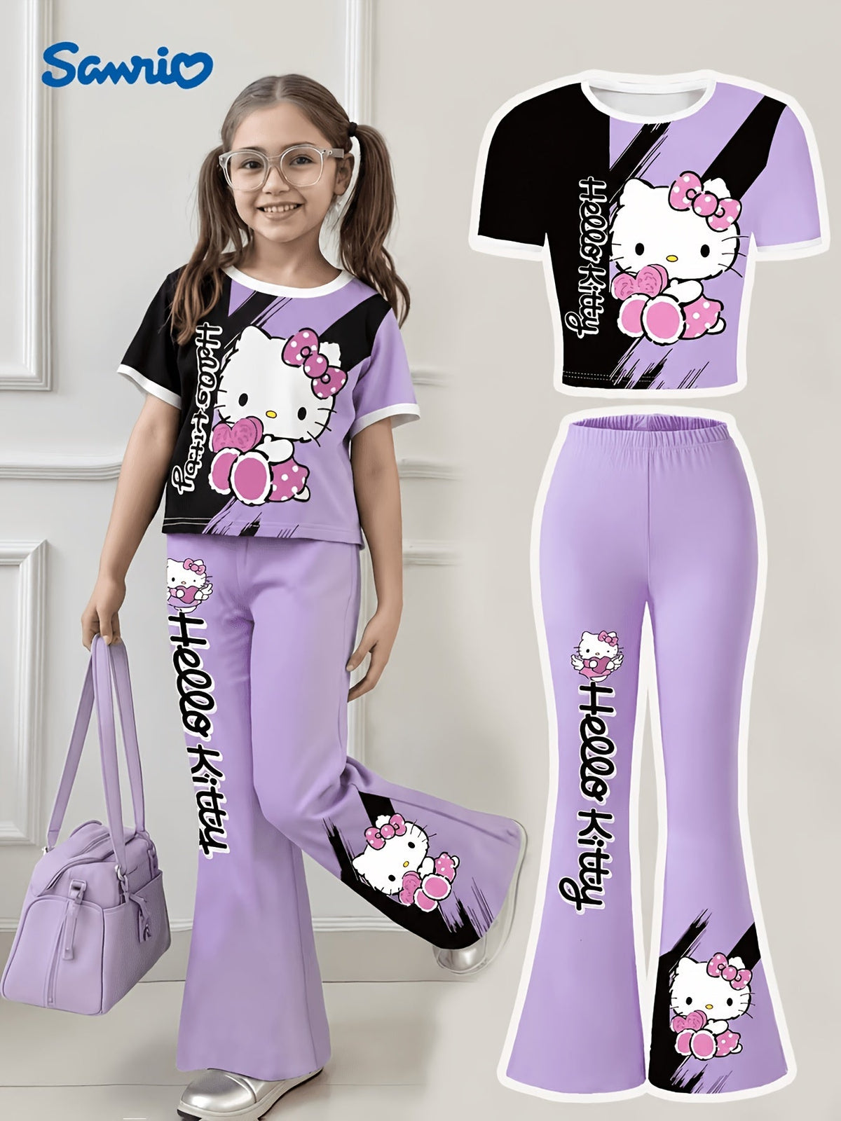 Girls' Hello Kitty T-Shirt and Flare Pants Set in Pink and Black with Short Sleeves for Everyday Outfits