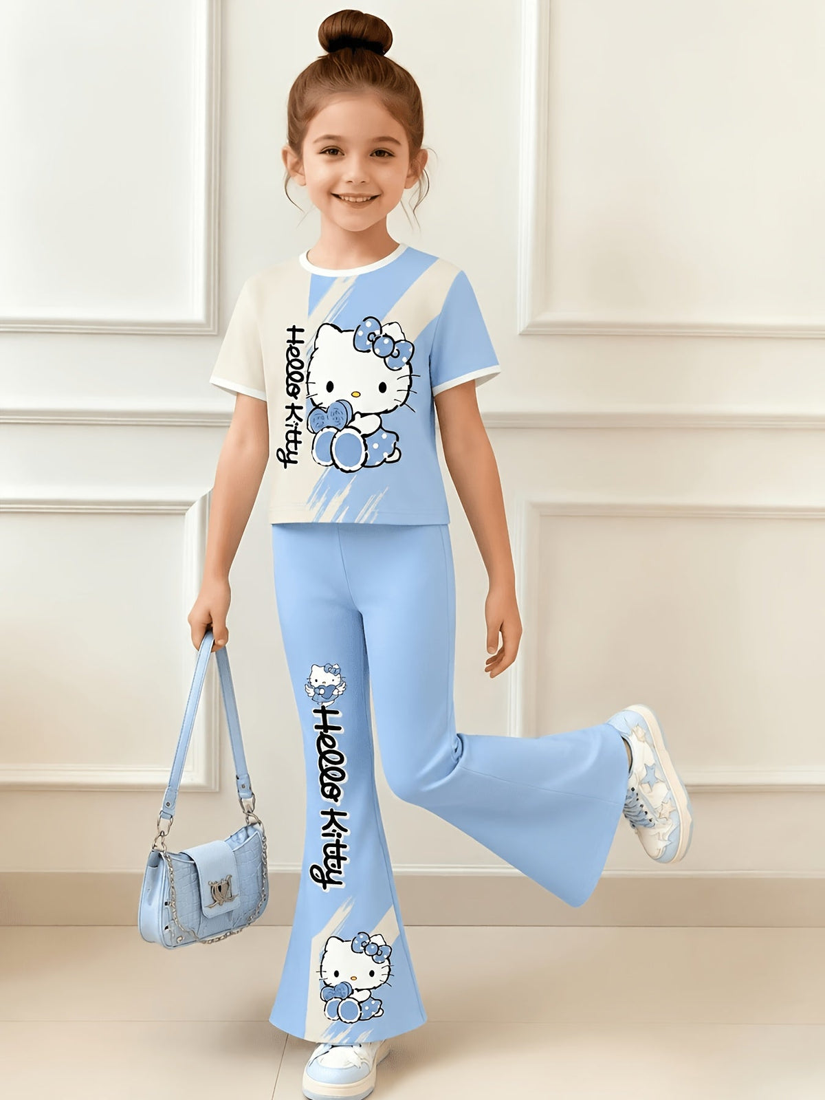 Girls' Hello Kitty T-Shirt and Flare Pants Set in Pink and Black with Short Sleeves for Everyday Outfits