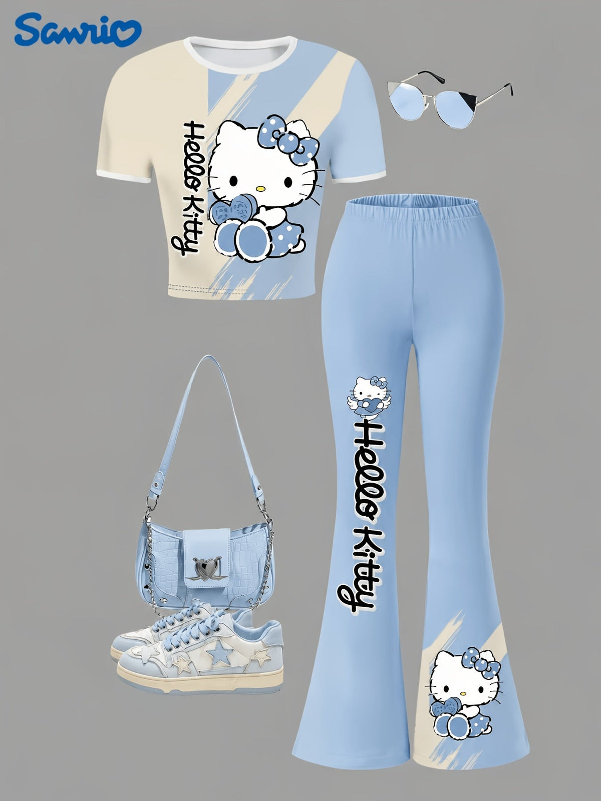Girls' Hello Kitty T-Shirt and Flare Pants Set in Pink and Black with Short Sleeves for Everyday Outfits
