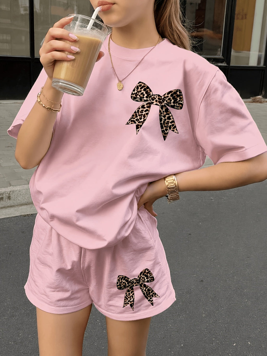 Girls' Apricot Two Piece Shorts Set with Leopard Bow Graphics and a Short Sleeve Crew Neck Top
