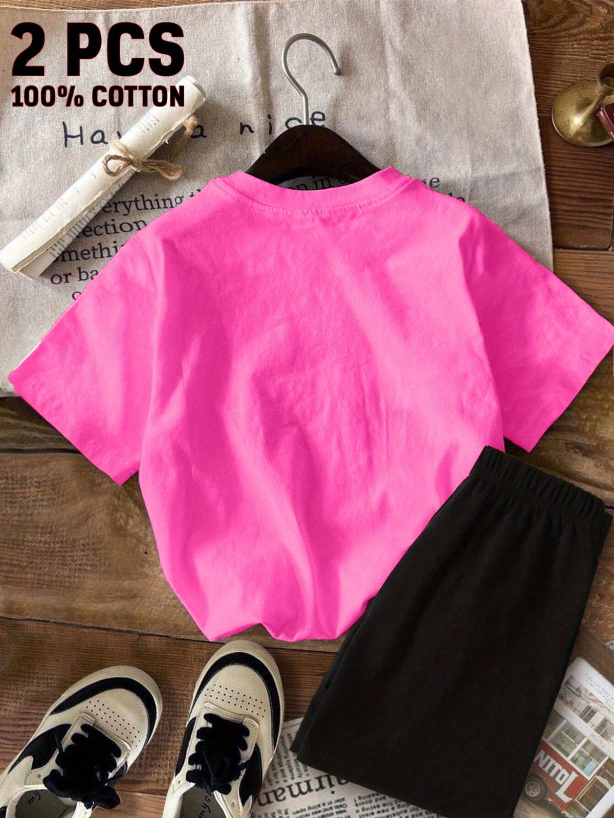 Girls' Pink Boo Jee Ghost T-Shirt and Black Shorts Set in Cotton for Halloween and Casual Play Days