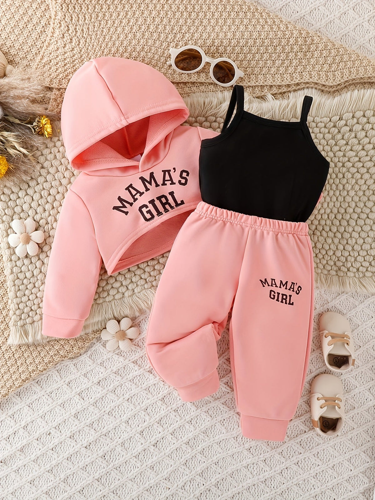Baby Girls' Mama's Girl Hoodie Outfit Set with Black Camisole and Pink Joggers in a Three-Piece Design