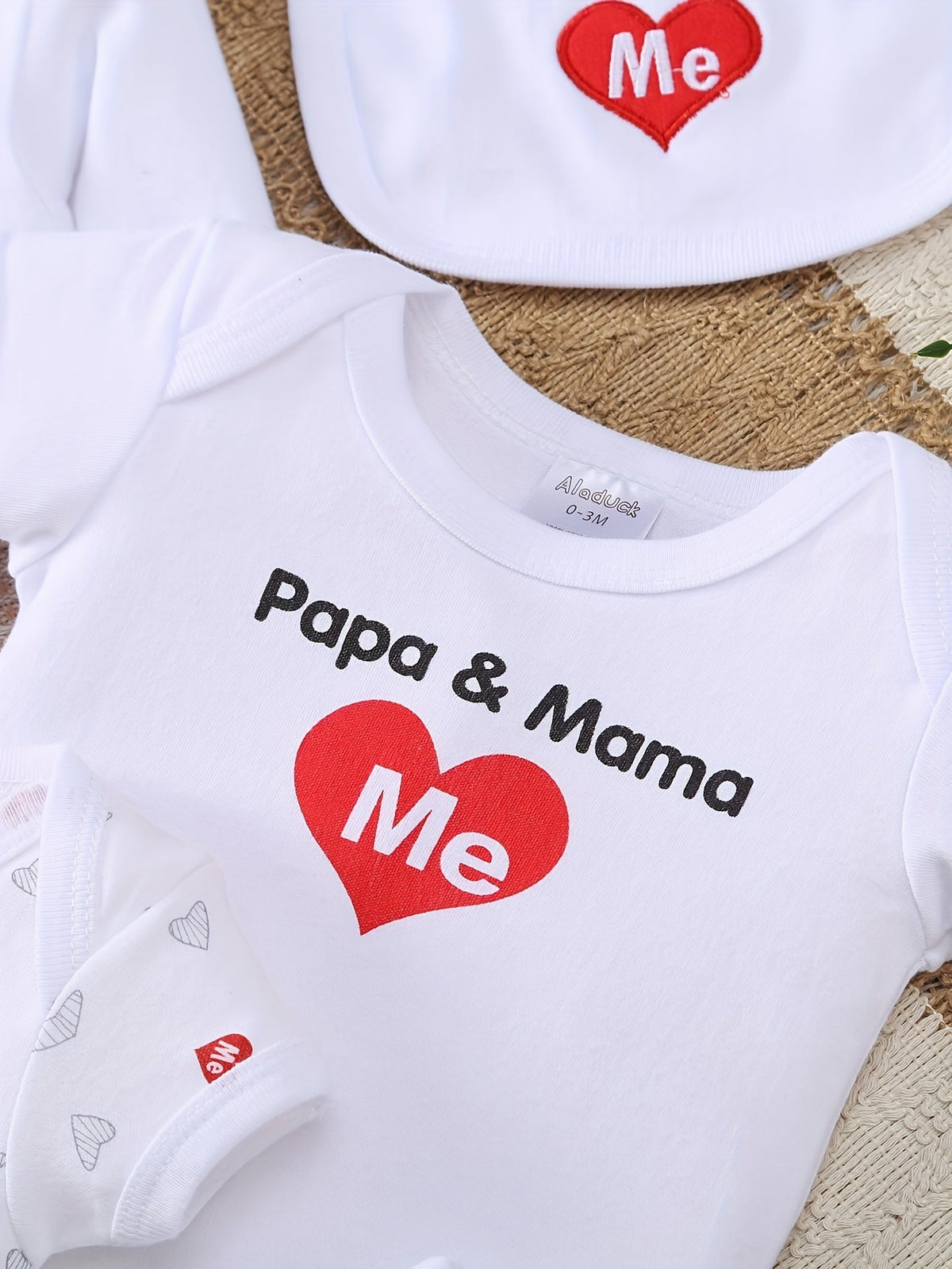 Baby Papa and Mama Heart Outfit Set in White with Coordinating Bodysuits and Footed Pieces for Daily Changes