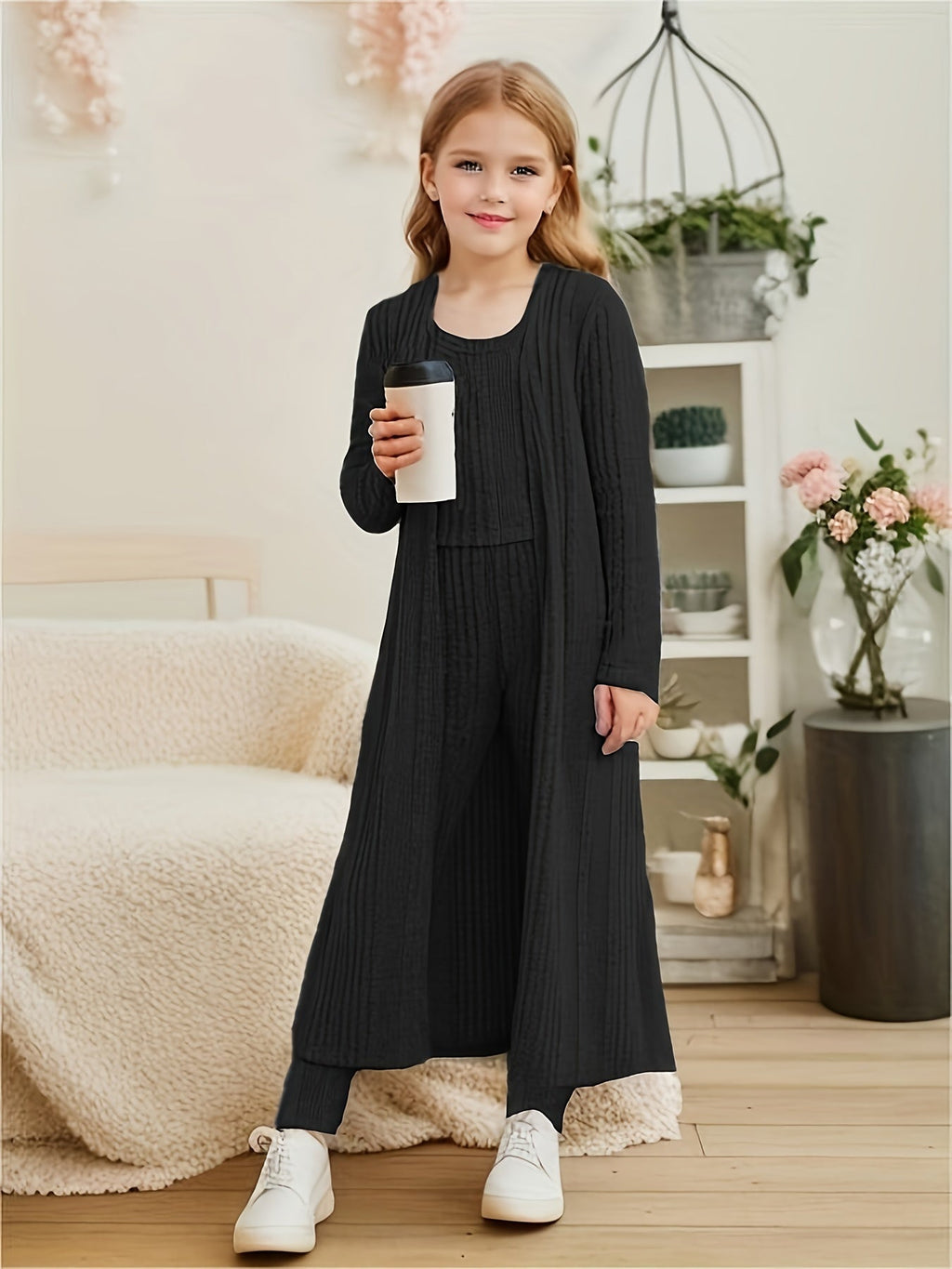 Girls' Three-Piece Knit Outfit with a Long Cardigan and Matching Top and Leggings for Casual Layering
