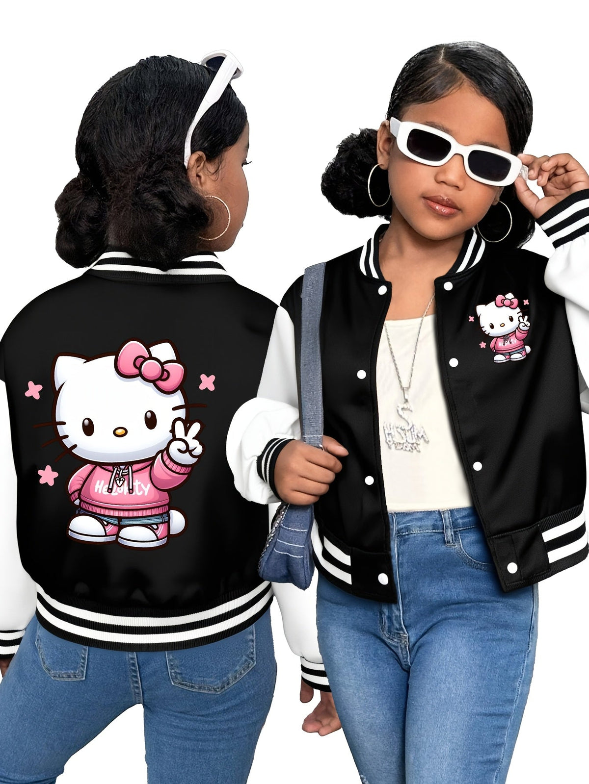Girls' Hello Kitty Varsity Jacket with Two-Sided Character Graphics and White Contrast Sleeves