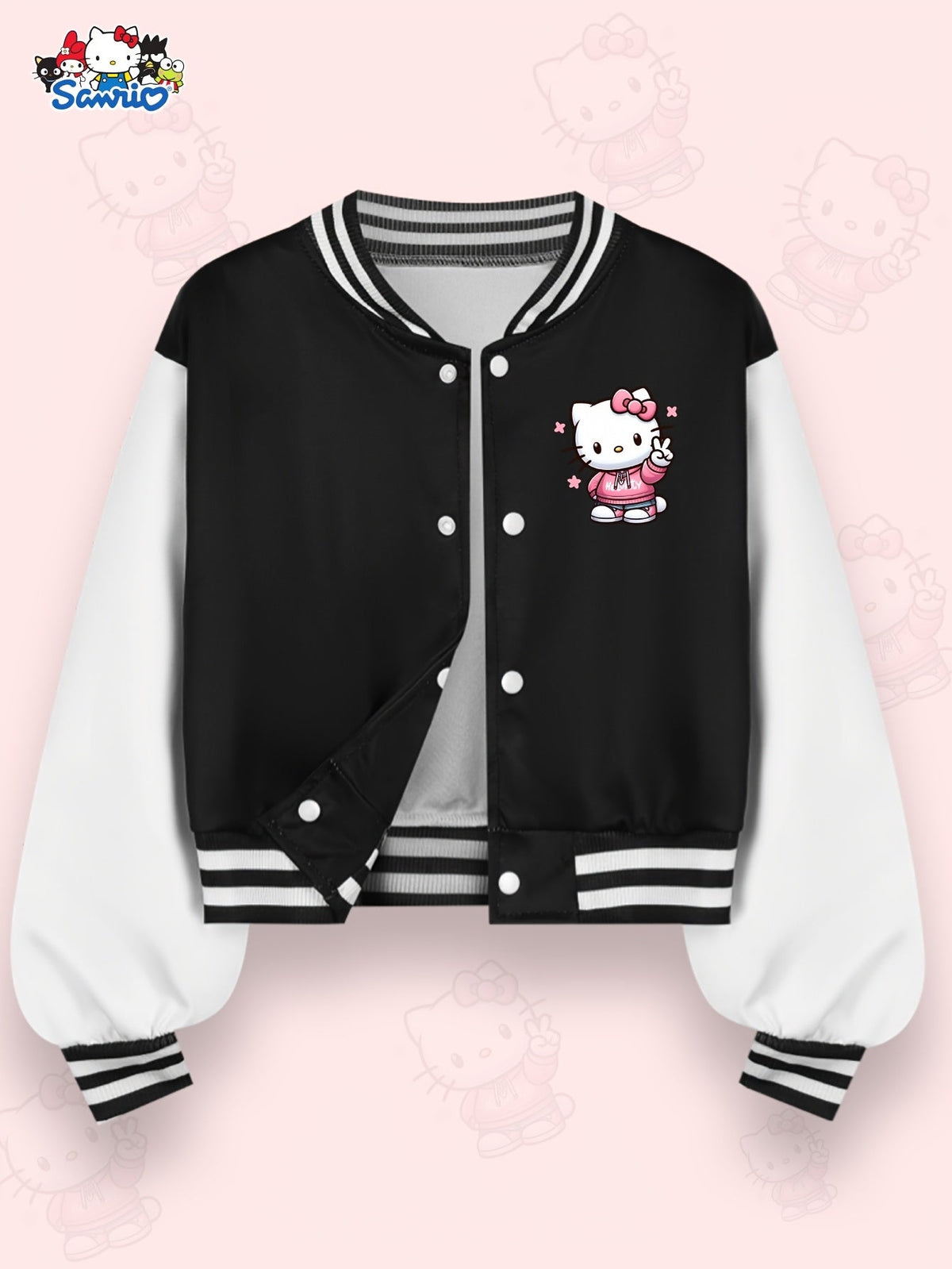 Girls' Hello Kitty Varsity Jacket with Two-Sided Character Graphics and White Contrast Sleeves